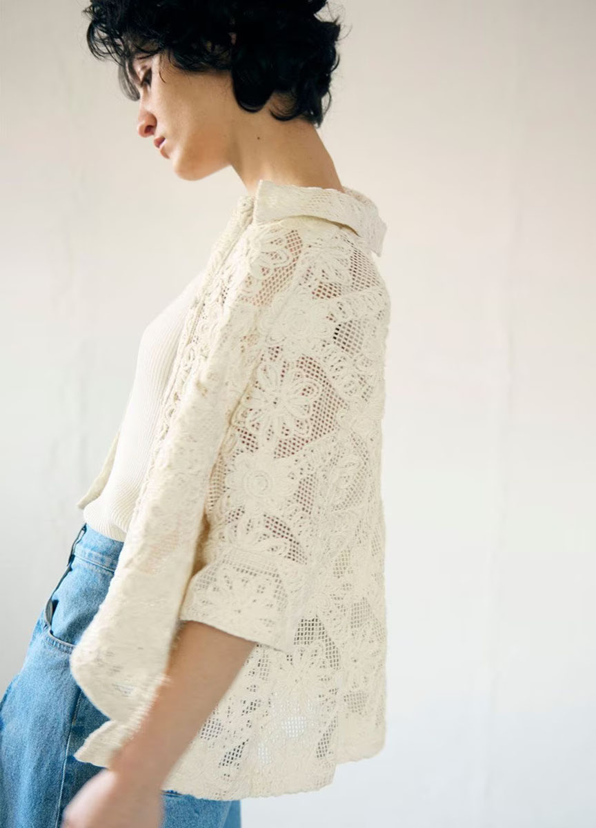 【預購商品】棉蕾絲短袖罩衫式外套